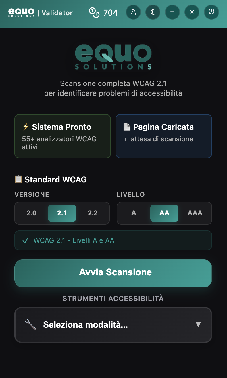 EQUO Validator — schermata principale con configurazione WCAG e pulsante Avvia Scansione